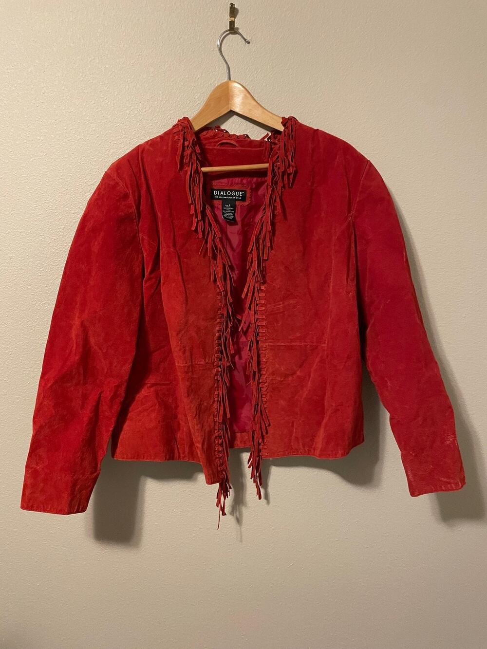 Dialogue Womens Jacket Large Red Suede Fringe Open Western Boho Cowgirl READ
